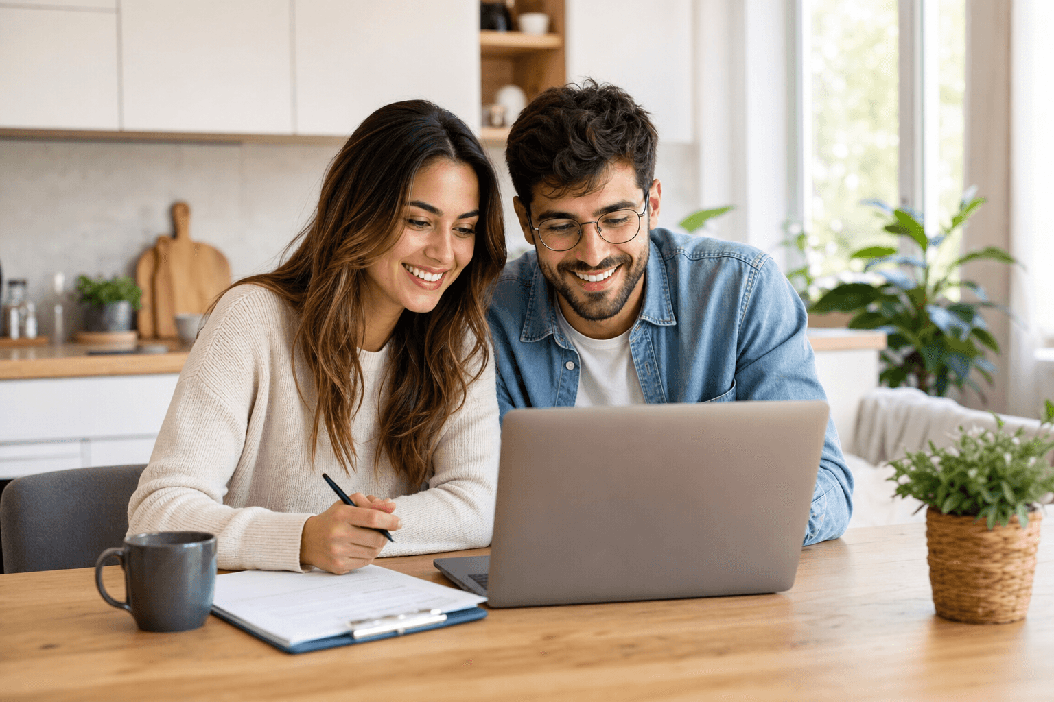 A couple reviewing affordable car insurance options on a laptop